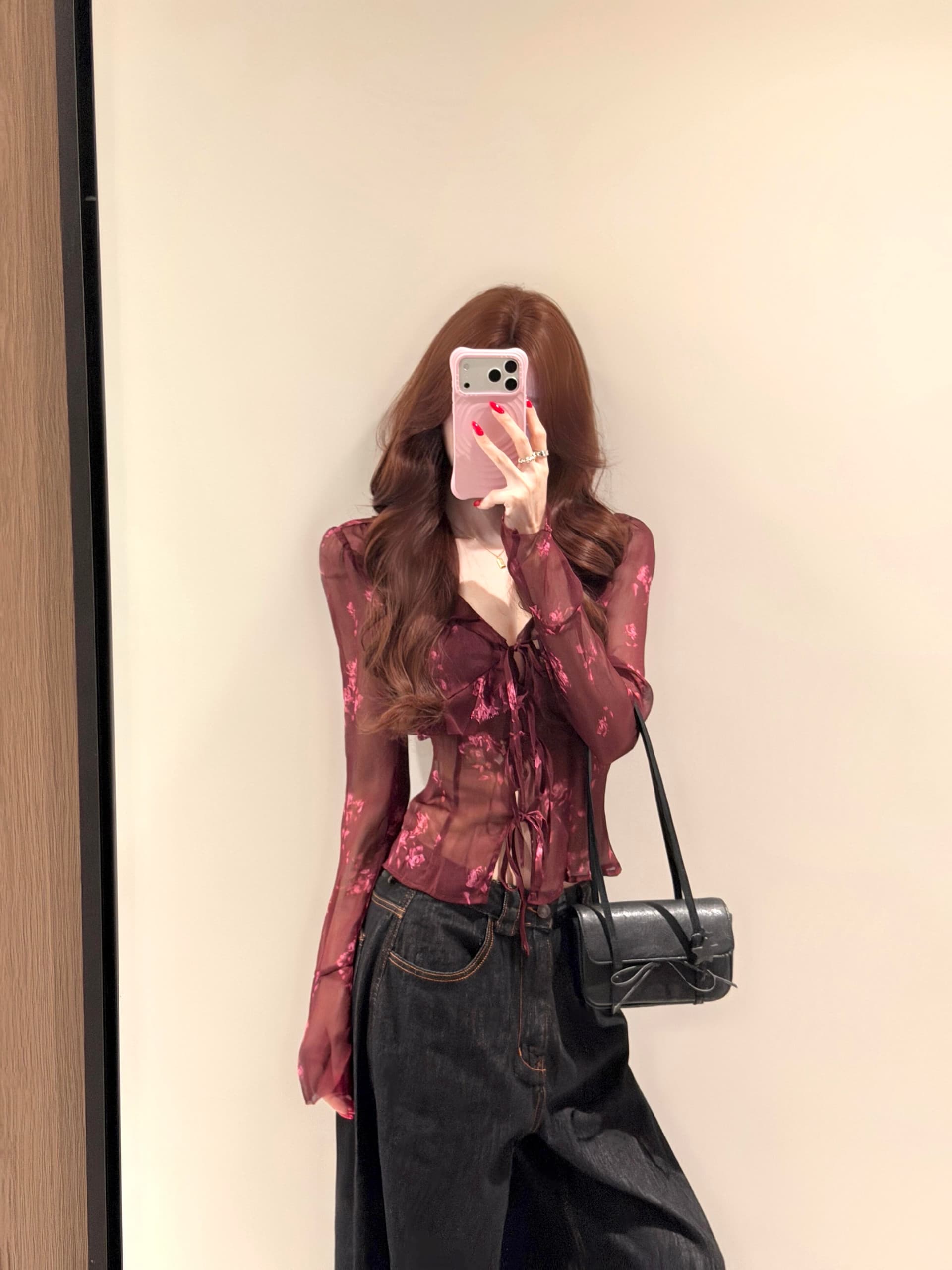 프랑스식 레트로 낭만주의 꽃무늬 프릴 시폰 셔츠 여성 이른 가을 긴팔 레이스업 V넥 마이크로 ~을 통해 분위기 센스 맨위 상세 이미지 1