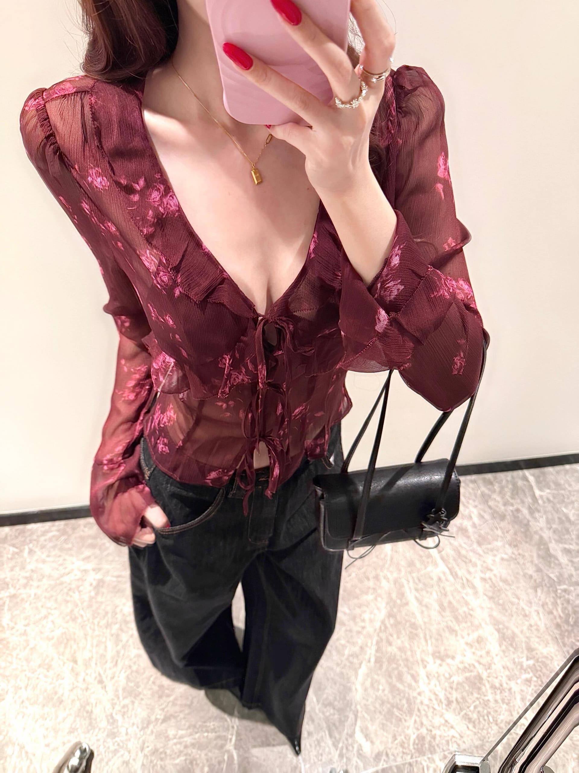 프랑스식 레트로 낭만주의 꽃무늬 프릴 시폰 셔츠 여성 이른 가을 긴팔 레이스업 V넥 마이크로 ~을 통해 분위기 센스 맨위 상세 이미지 2