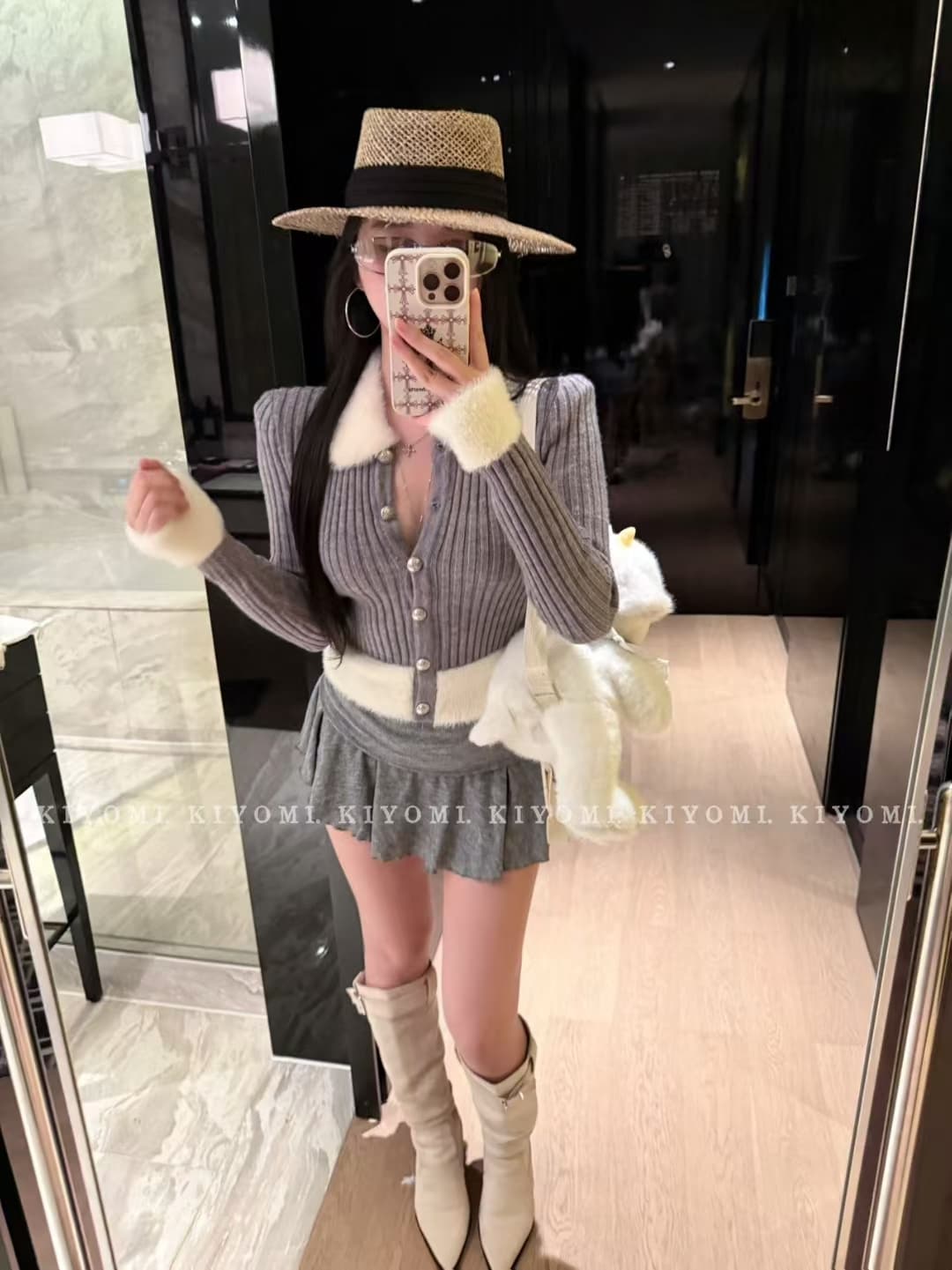 kiyomi 모피 패치워크 양 플러시 싱글 줄 버튼 쇼트 스타일 긴팔 스웨터 핫걸 몸매 가꾸기 패치워크 니트 스웨터 맨위 상세 이미지 4