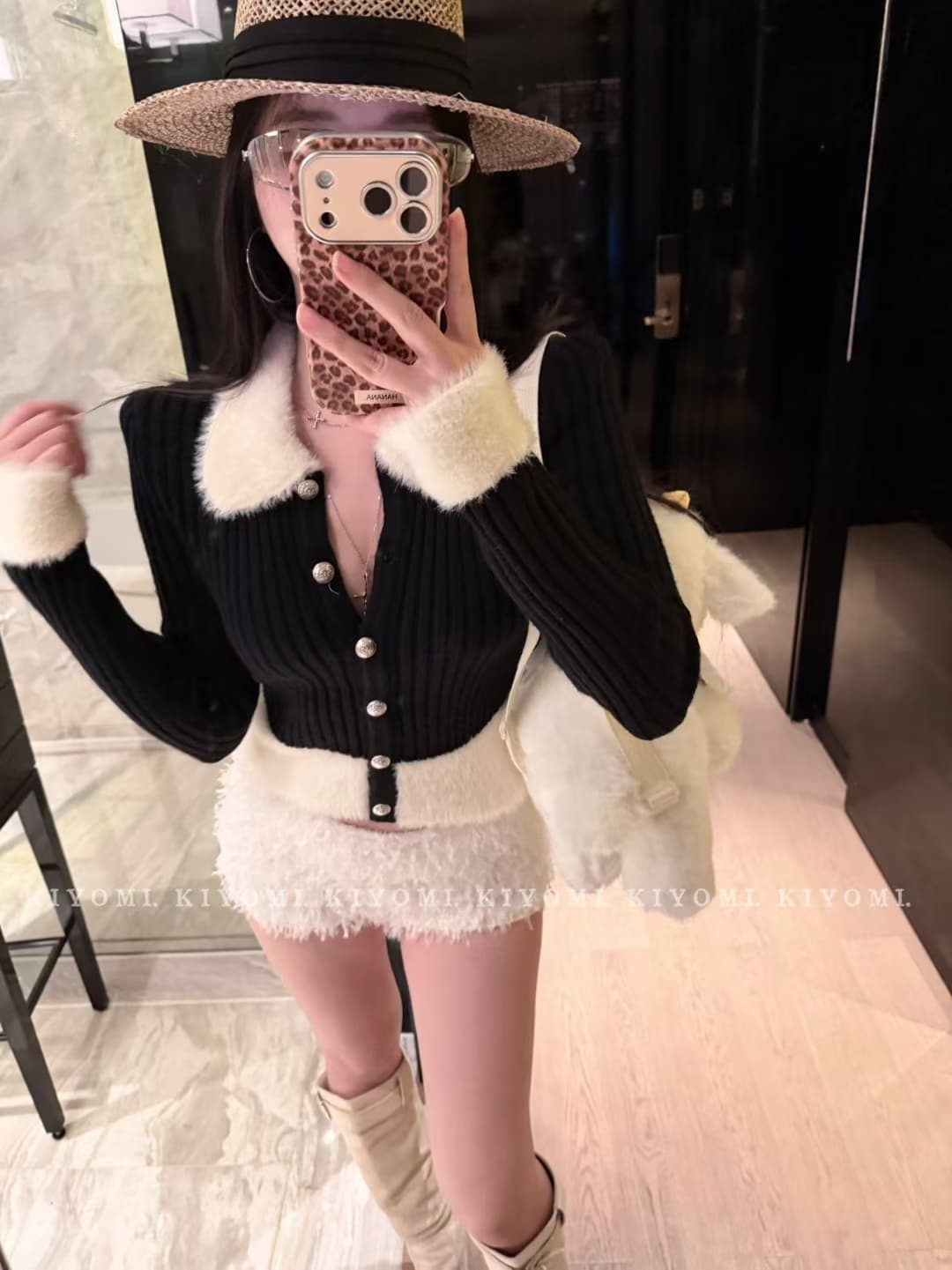 kiyomi 모피 패치워크 양 플러시 싱글 줄 버튼 쇼트 스타일 긴팔 스웨터 핫걸 몸매 가꾸기 패치워크 니트 스웨터 맨위 상세 이미지 14
