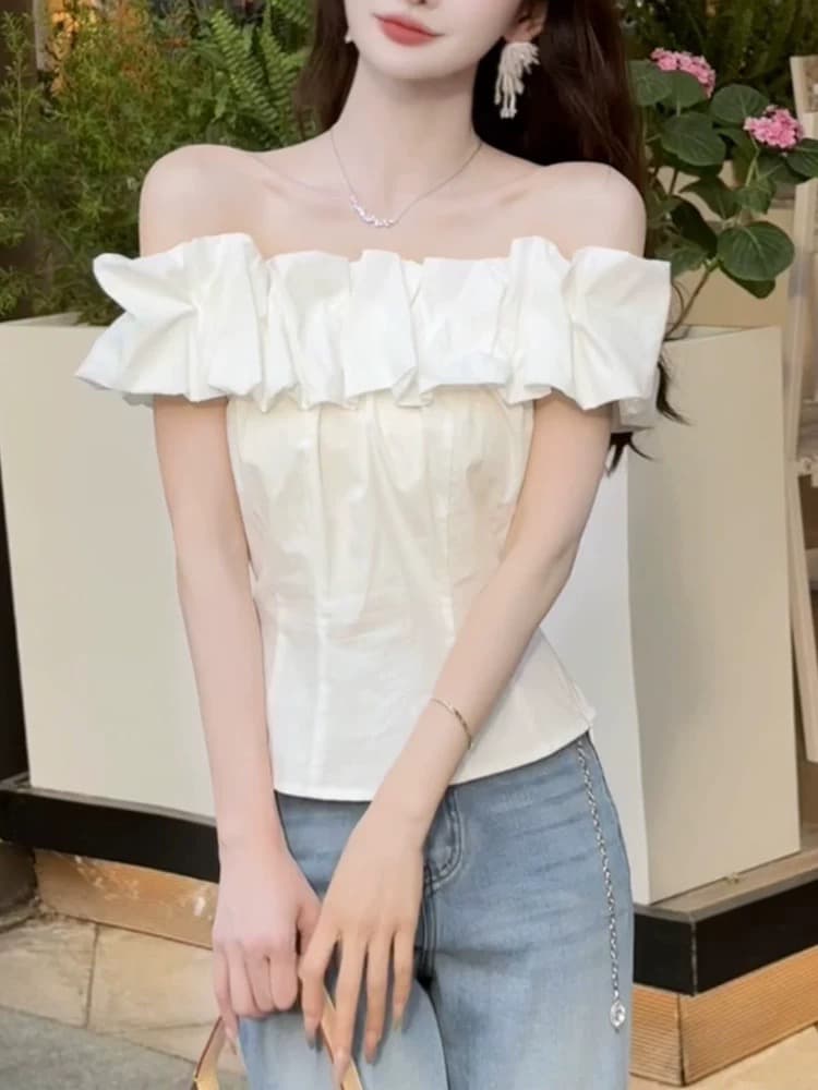 슈퍼 잘 생긴 베이지 색 오프숄더 티셔츠 여자 2026 새로운 여름 품격 연령 감소 몸매 가꾸기 슬림해 보이는 맨위 이미지 4