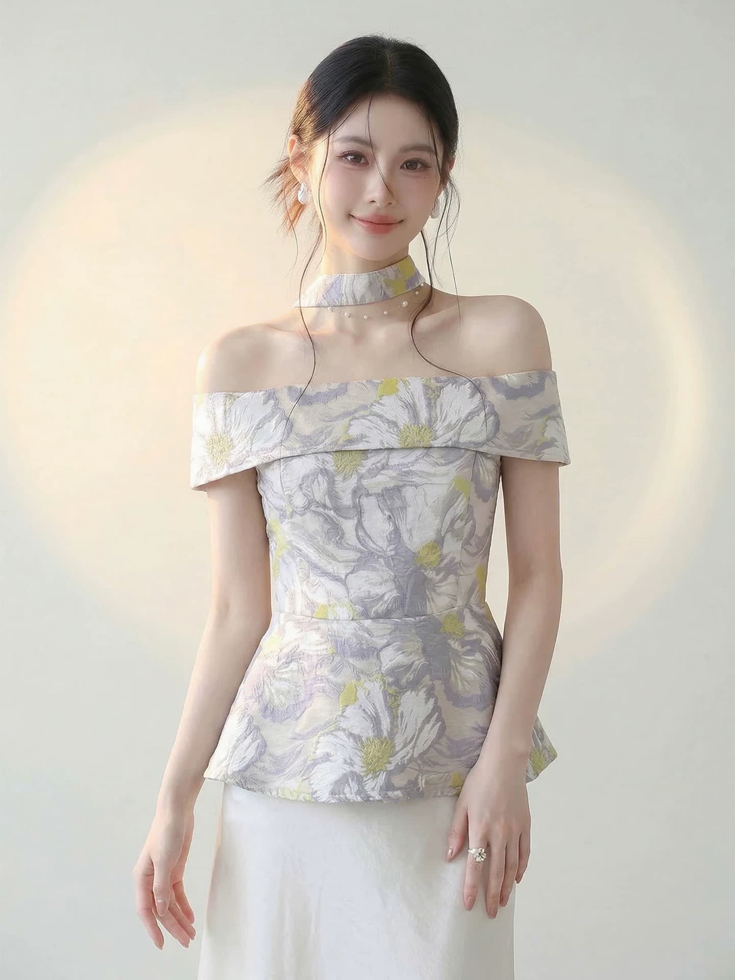 xzldhy 보라색 달콤한 스타일 오프숄더 리본 프린트 민소매 조끼 여성 여름 허리 수축 슬림해 보이는 품격 맨위 이미지 2