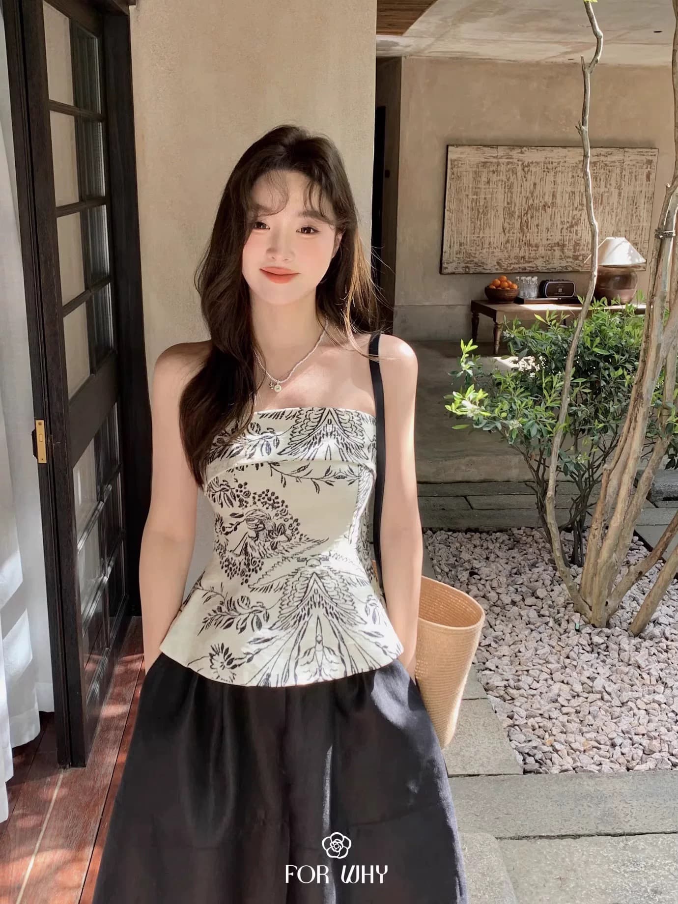 검정색 프린트 캐미솔 외출용 디자인 센스 작은 대중 허리 수축 슬림해 보이는 오프숄더 새로운 중식 튜브탑 맨위 상세 이미지 6