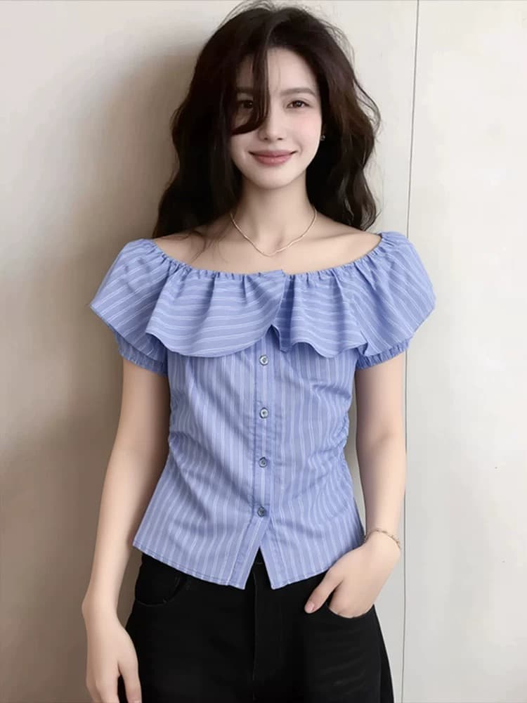 프랑스식 다용도 오프숄더 레이스 칼라 여성 셔츠 여름 2026 새로운 외국 가스 연령 감소 반팔 작은 키 셔츠 상세 이미지 1
