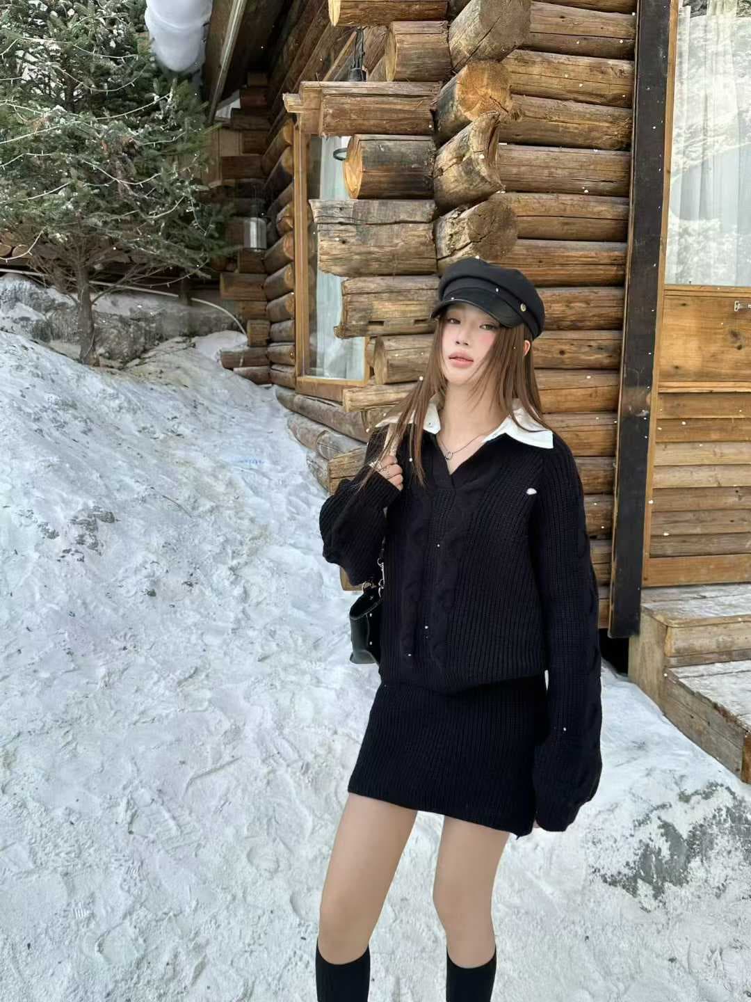 실사 한 셔츠 칼라 스웨터 세트 여성 패치워크 색상 칼라 페이크 레이어드 맨위 하이웨이스트 미니 스커트 투피스 세트 이미지 2