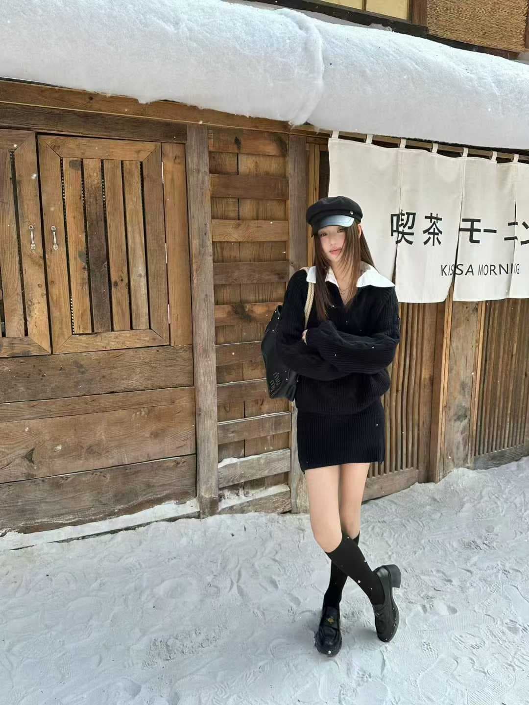 실사 한 셔츠 칼라 스웨터 세트 여성 패치워크 색상 칼라 페이크 레이어드 맨위 하이웨이스트 미니 스커트 투피스 세트 상세 이미지 1