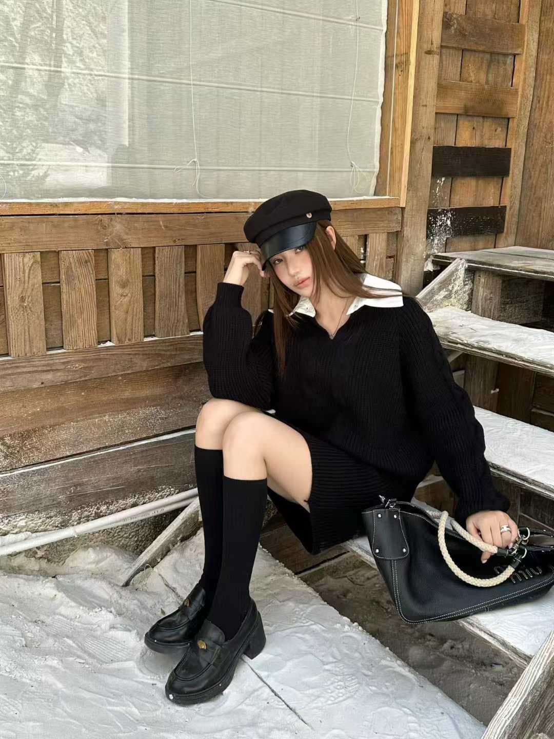 실사 한 셔츠 칼라 스웨터 세트 여성 패치워크 색상 칼라 페이크 레이어드 맨위 하이웨이스트 미니 스커트 투피스 세트 상세 이미지 4