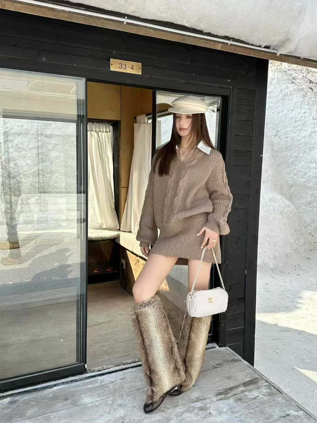 실사 한 셔츠 칼라 스웨터 세트 여성 패치워크 색상 칼라 페이크 레이어드 맨위 하이웨이스트 미니 스커트 투피스 세트 상세 이미지 11