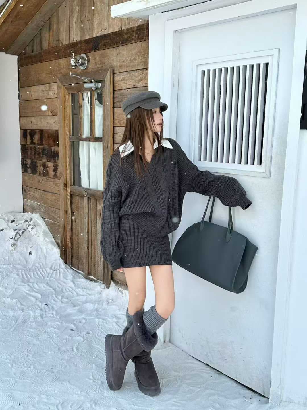 실사 한 셔츠 칼라 스웨터 세트 여성 패치워크 색상 칼라 페이크 레이어드 맨위 하이웨이스트 미니 스커트 투피스 세트 상세 이미지 13