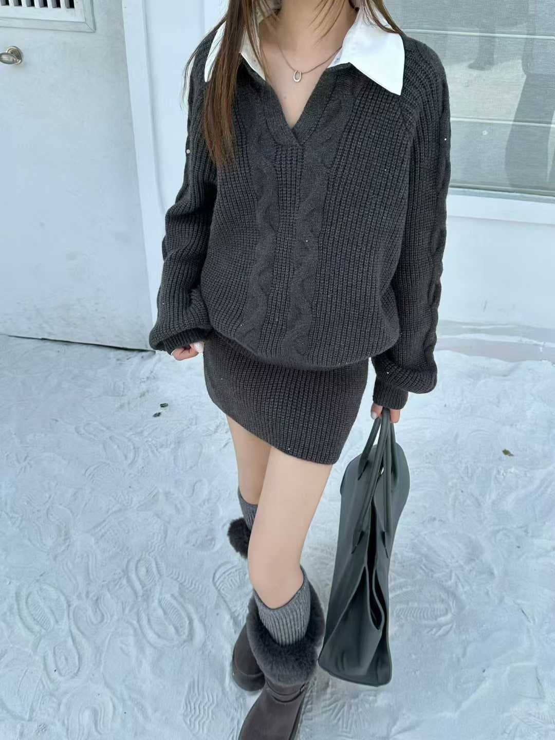실사 한 셔츠 칼라 스웨터 세트 여성 패치워크 색상 칼라 페이크 레이어드 맨위 하이웨이스트 미니 스커트 투피스 세트 상세 이미지 14