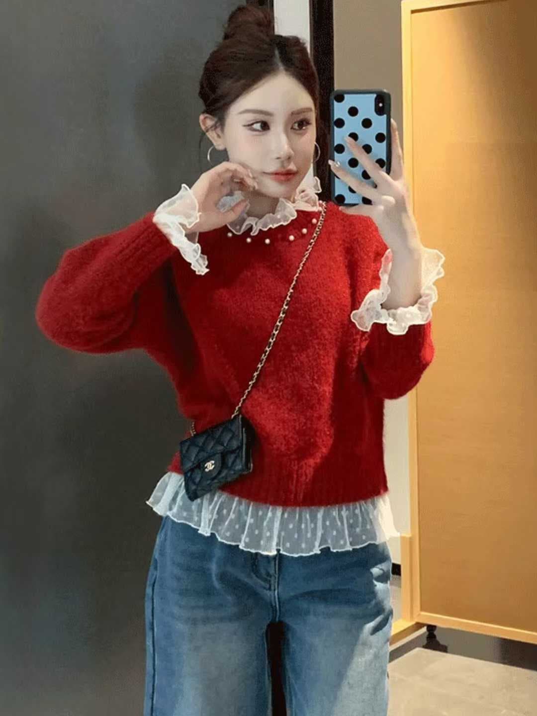 봄 가을 자이언트 잘 생긴 빨간색 스웨터 여자 2026 새로운 비즈 박기 레이스 조각 크리스마스 착용 가져 가라. 니트 스웨터 맨위 이미지 4