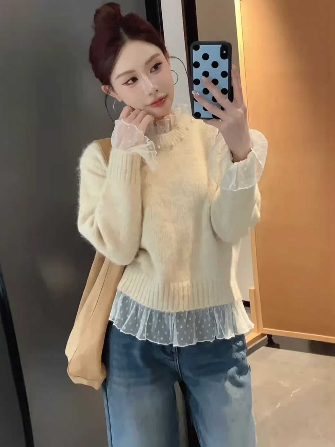 봄 가을 자이언트 잘 생긴 빨간색 스웨터 여자 2026 새로운 비즈 박기 레이스 조각 크리스마스 착용 가져 가라. 니트 스웨터 맨위 이미지 3