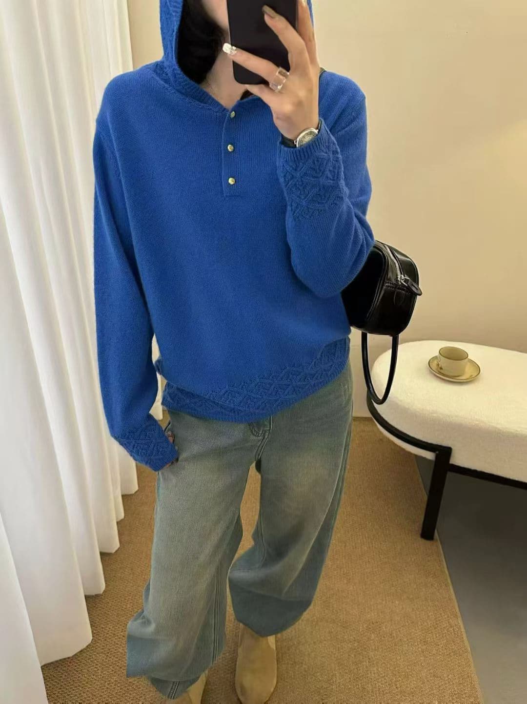 p880 전체 양모 유럽 역 2025 겨울 새로운 유럽 상품 커프스 자수 후드 부드러운 찹쌀 양모 니트 스웨터 이미지 2