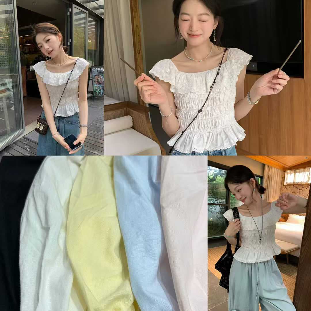 프랑스식 프릴 칼라 자수 명중 가져 가라. 작은 셔츠 여성 여름 수 있습니다. 둘 착용 쇼트 스타일 맨위 이미지 5