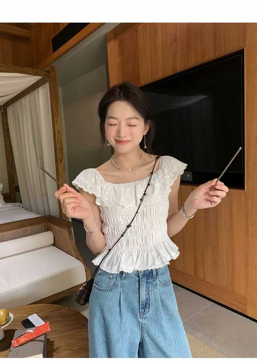 프랑스식 프릴 칼라 자수 명중 가져 가라. 작은 셔츠 여성 여름 수 있습니다. 둘 착용 쇼트 스타일 맨위 상세 이미지 1