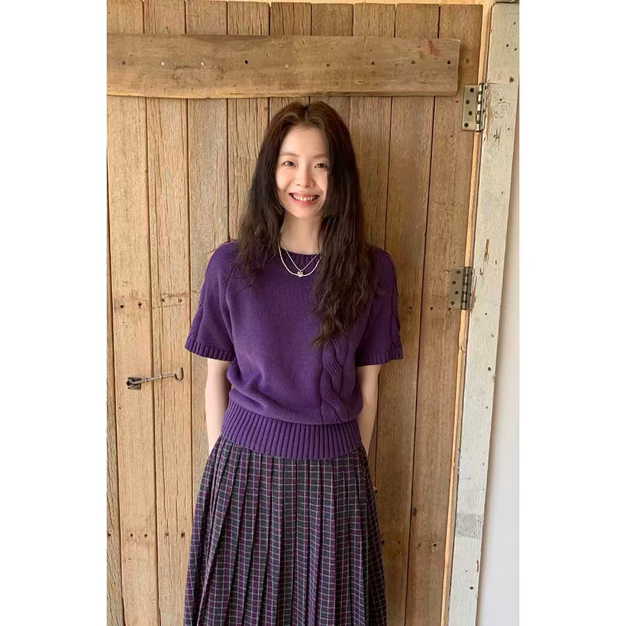 정가 재고 있음 한 부서 부드러운 바람 보라색 부드러운 찹쌀 니트 스웨터 스웨터 다용도 체크무늬 캐주얼 와이드 레그 팬츠 세트
