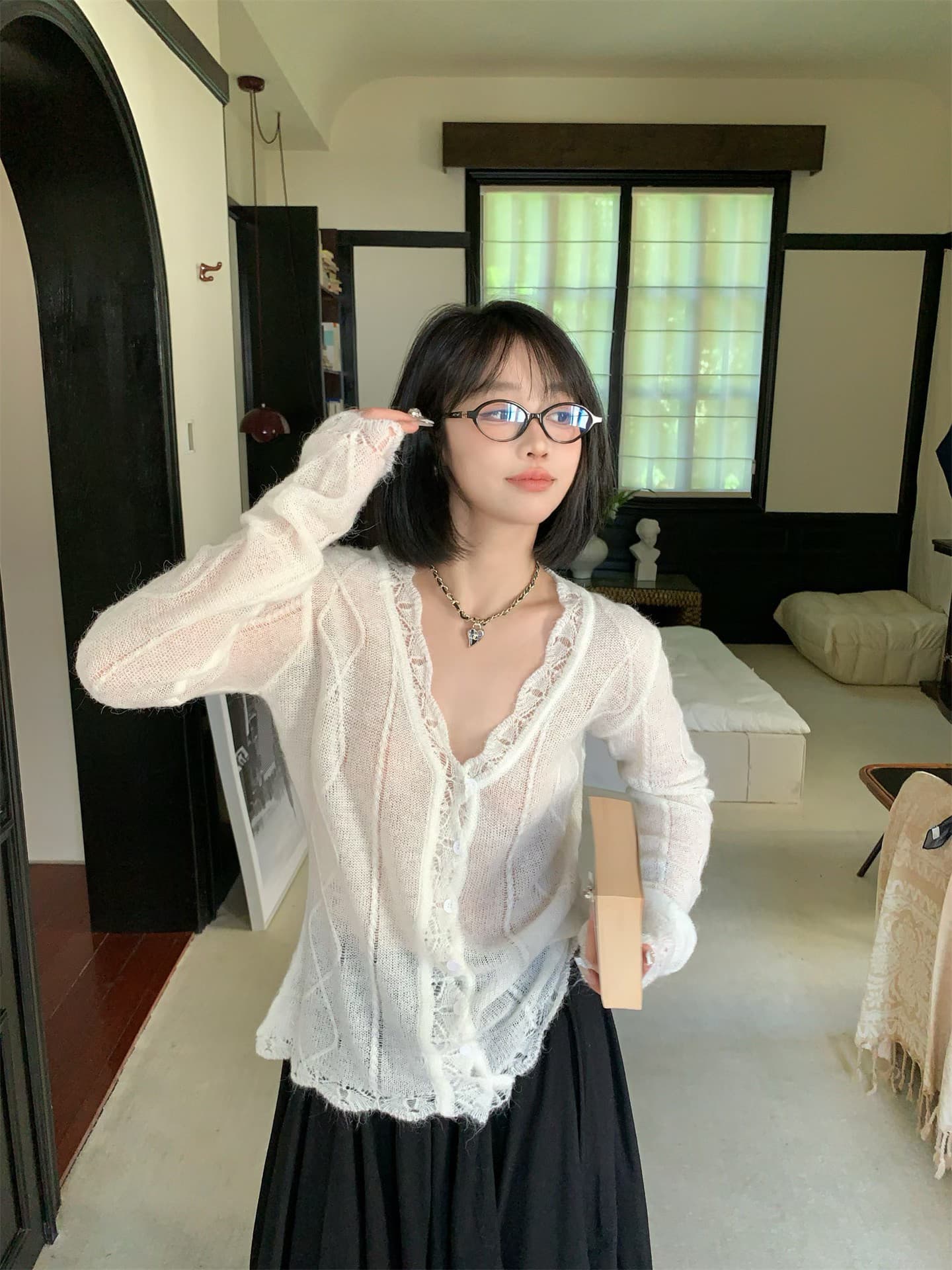 한국 스타일 레이스 니트 스웨터 여성 가을 겨울 새로운 허리 수축 표지 고기 인사이드 가져 가라. 긴팔 V넥 맨위 작은 대중 출퇴근 캐주얼 이미지 2