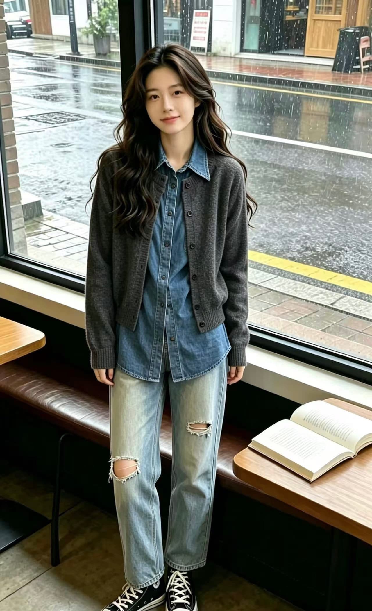 유럽 상품 정품 폴로 칼라 셔츠 패치워크 데님 싱글 줄 버튼 페이크 레이어드 니트 스웨터 여성 가을 겨울 새로운 이미지 2