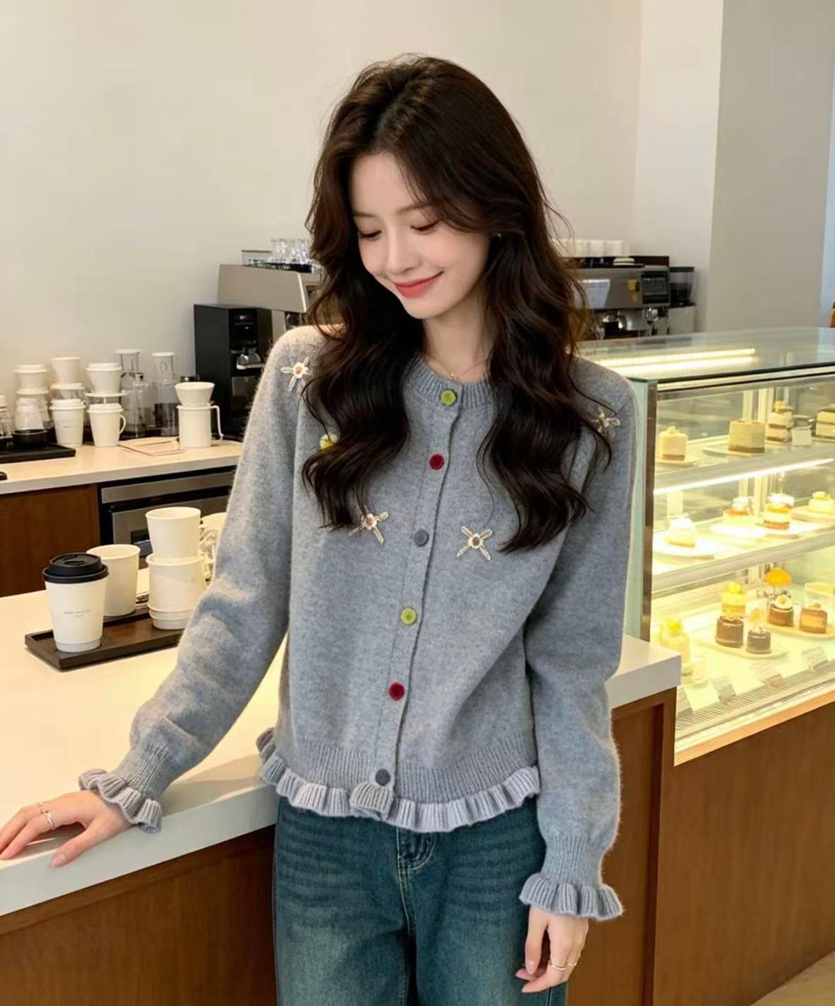 한 부서 부드러운 바람 3 차원 꽃 니트 오픈 가디건 여성 가을 겨울 새로운 와이드 부드러운 찹쌀 배색 패치워크 스웨터 코트 이미지 3