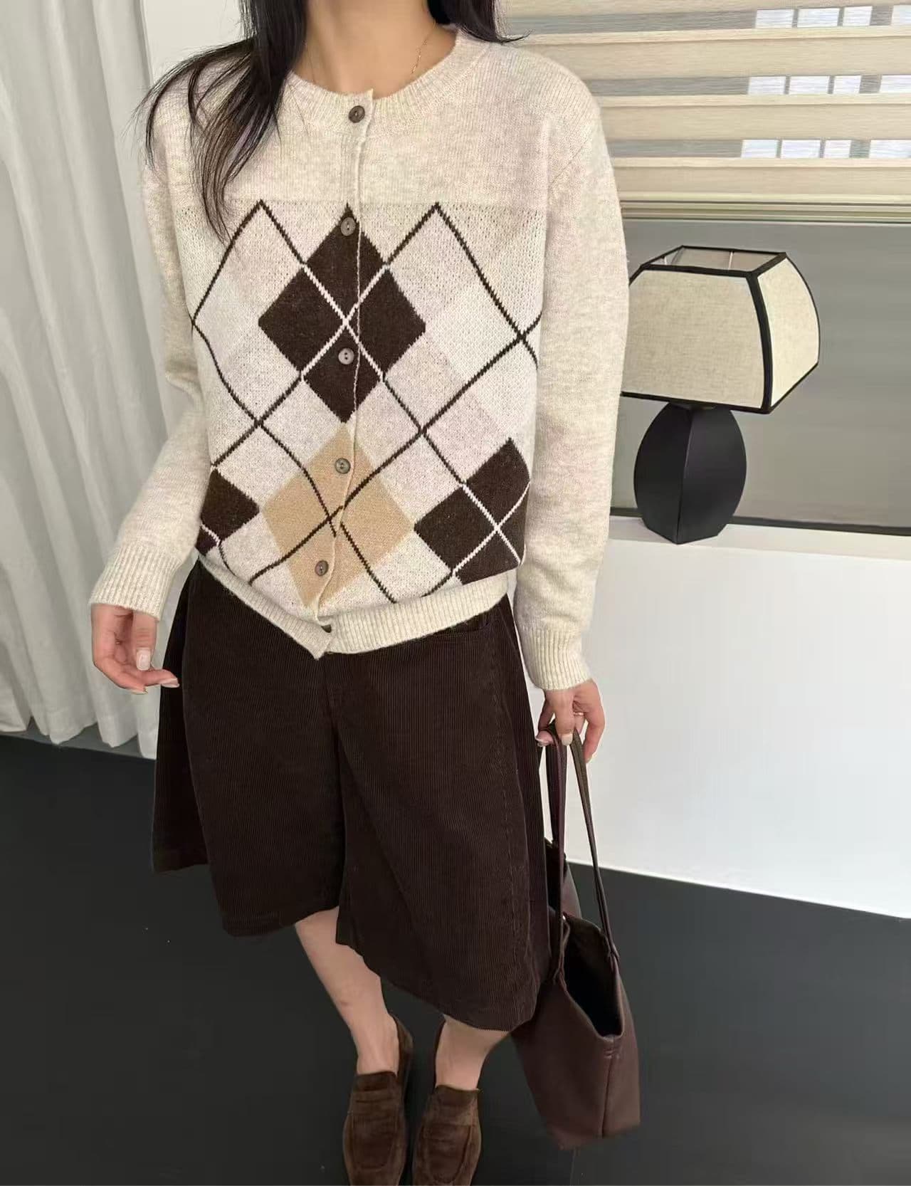 오리지널 라운드 넥 레트로 링 그리드 니트 오픈 가디건 루즈핏 스웨터 학원 스타일 슬림해 보이는 맨위 상세 이미지 2