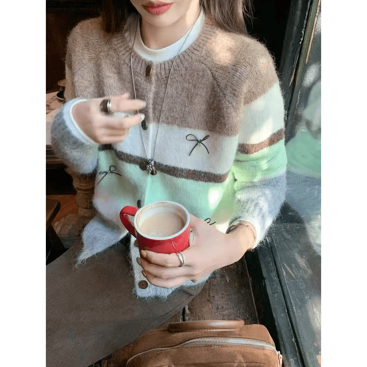 한 번 작은 짭짤한 한 부서 배색 스트라이프 스웨터 오픈 가디건 여성 가을 겨울철 루즈핏 느긋한 니트 재킷 맨위 두꺼운 이미지 5