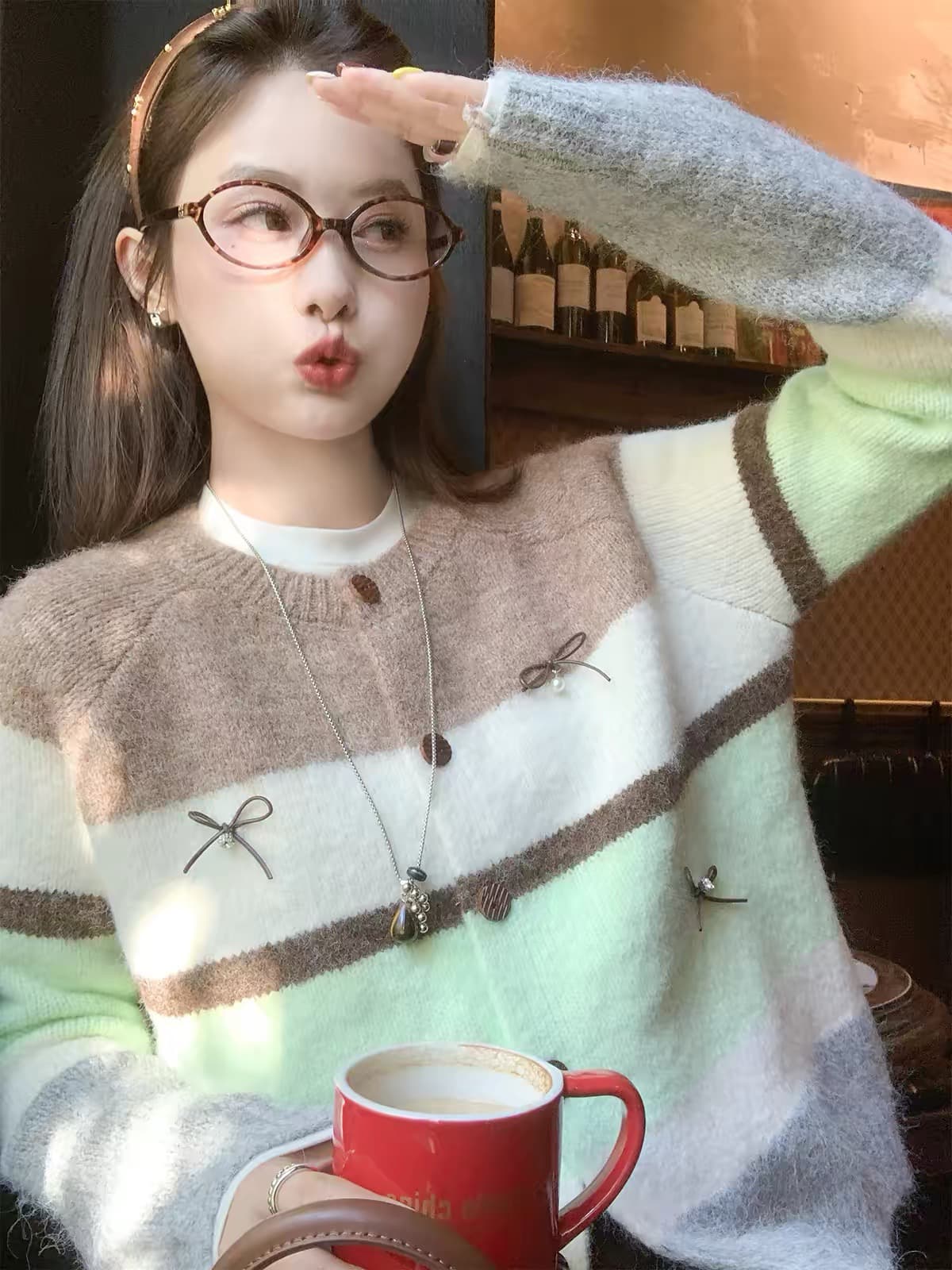 한 번 작은 짭짤한 한 부서 배색 스트라이프 스웨터 오픈 가디건 여성 가을 겨울철 루즈핏 느긋한 니트 재킷 맨위 두꺼운 상세 이미지 5