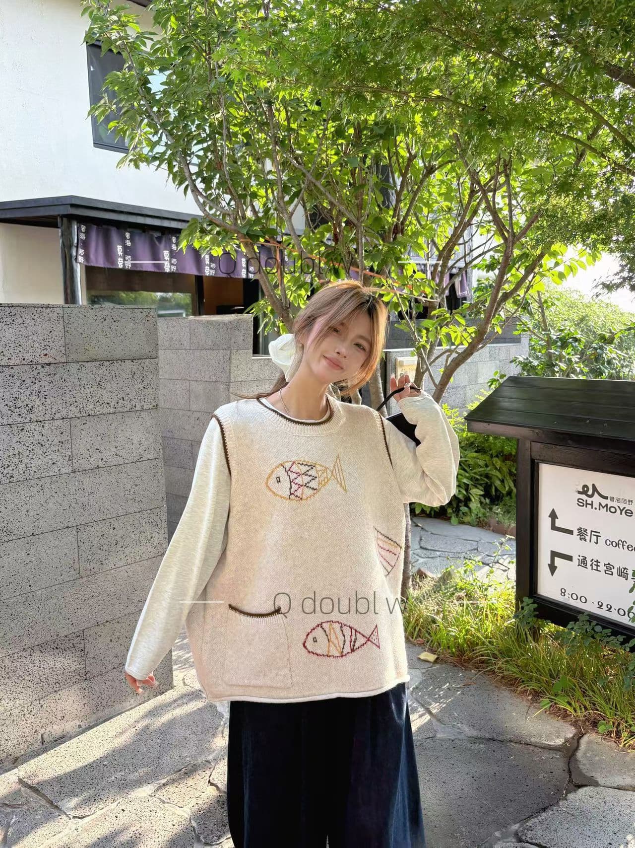 작은 물고기 어린애 같은 레트로 드레스 코드 네클라인 주머니 배색 니트 스웨터 베스트 어깨 여성 가을 켜기 새로운 부모와 자식 조끼 상세 이미지 2