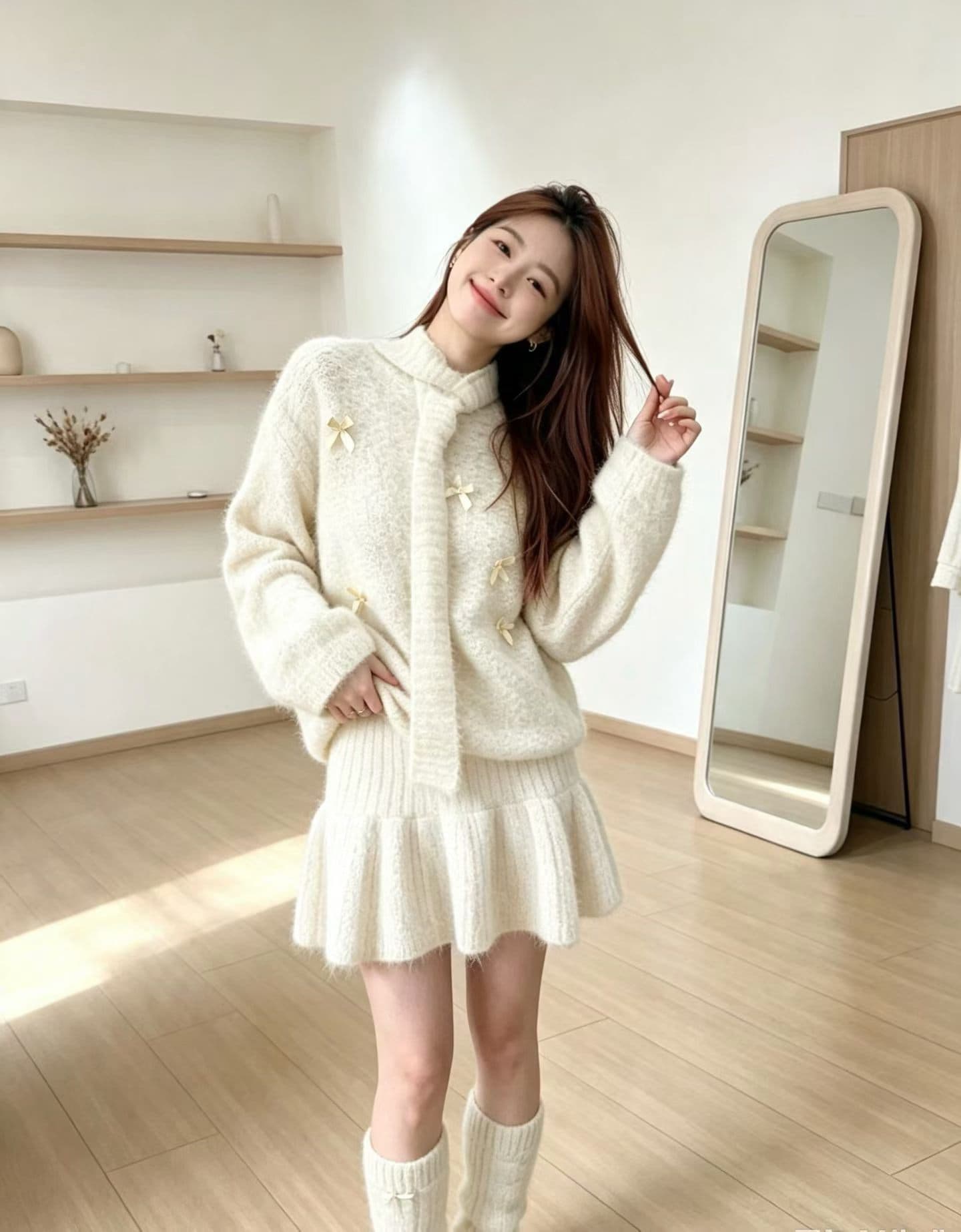 한 부서 전체 집합 착용 가져 가라. 스웨터 세트 무거운 작업 나비 매듭 연령 감소 니트 미니 스커트 보내기 스카프 양말 사피스 세트 이미지 3
