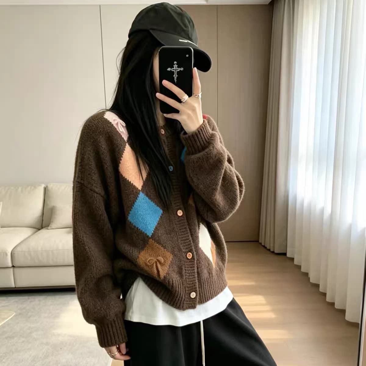 레트로 링 체크무늬 니트 오픈 가디건 여성 가을 겨울 스웨터 코트 학원 스타일 고급 센스 작은 키 배색 맨위 트렌디 상세 이미지 2