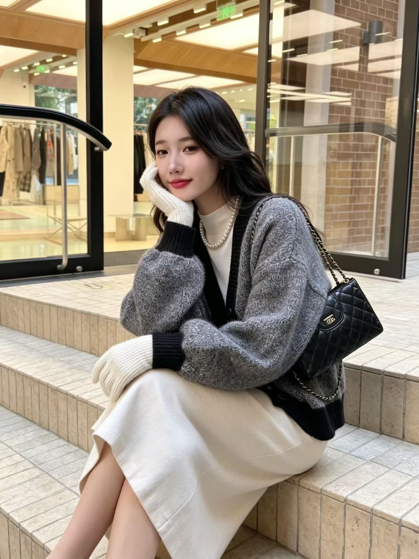 유럽 상품 배색 V넥 너구리 플러시 니트 오픈 가디건 여성 가을 겨울 새로운 루즈핏 느긋한 바람 소뿔 버클 스웨터 코트 상세 이미지 5