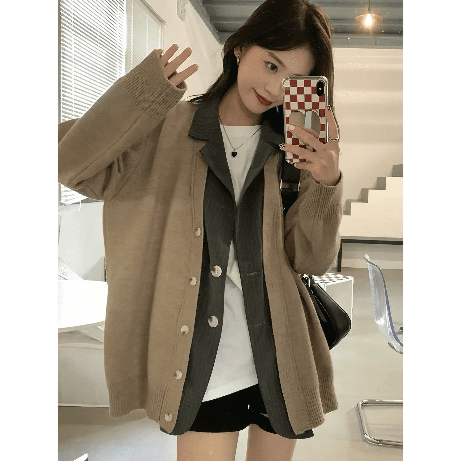 한 부서 느긋한 바람 패치워크 페이크 레이어드 니트 오픈 가디건 맨위 여성 가을 고급 센스 와이드 부드러운 찹쌀 스웨터 코트 이미지 5