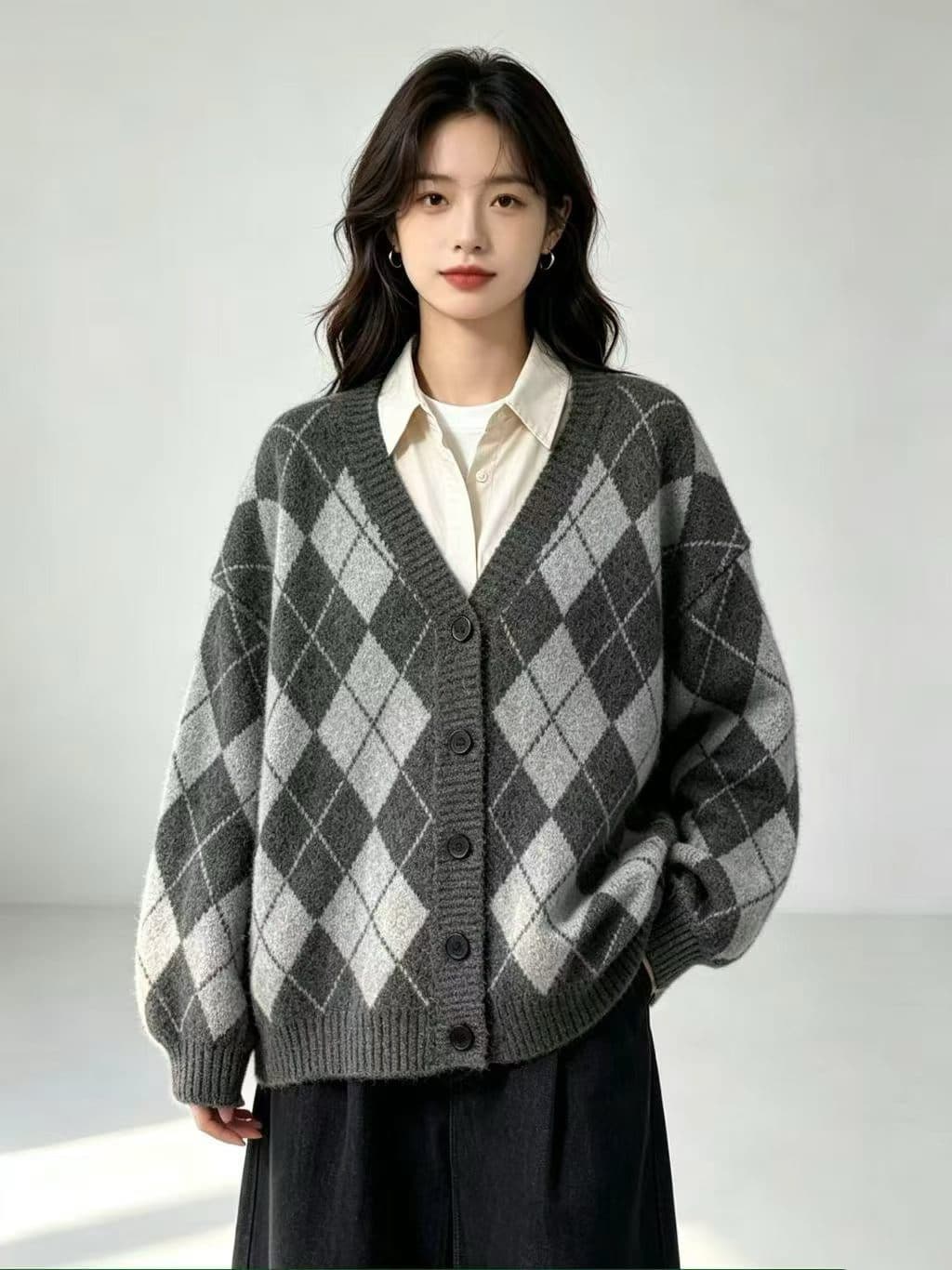 프랑스식 레트로 링 그리드 스웨터 여성 코트 가을 겨울 와이드 부드러운 찹쌀 chic 바람 니트 오픈 가디건 상세 이미지 1