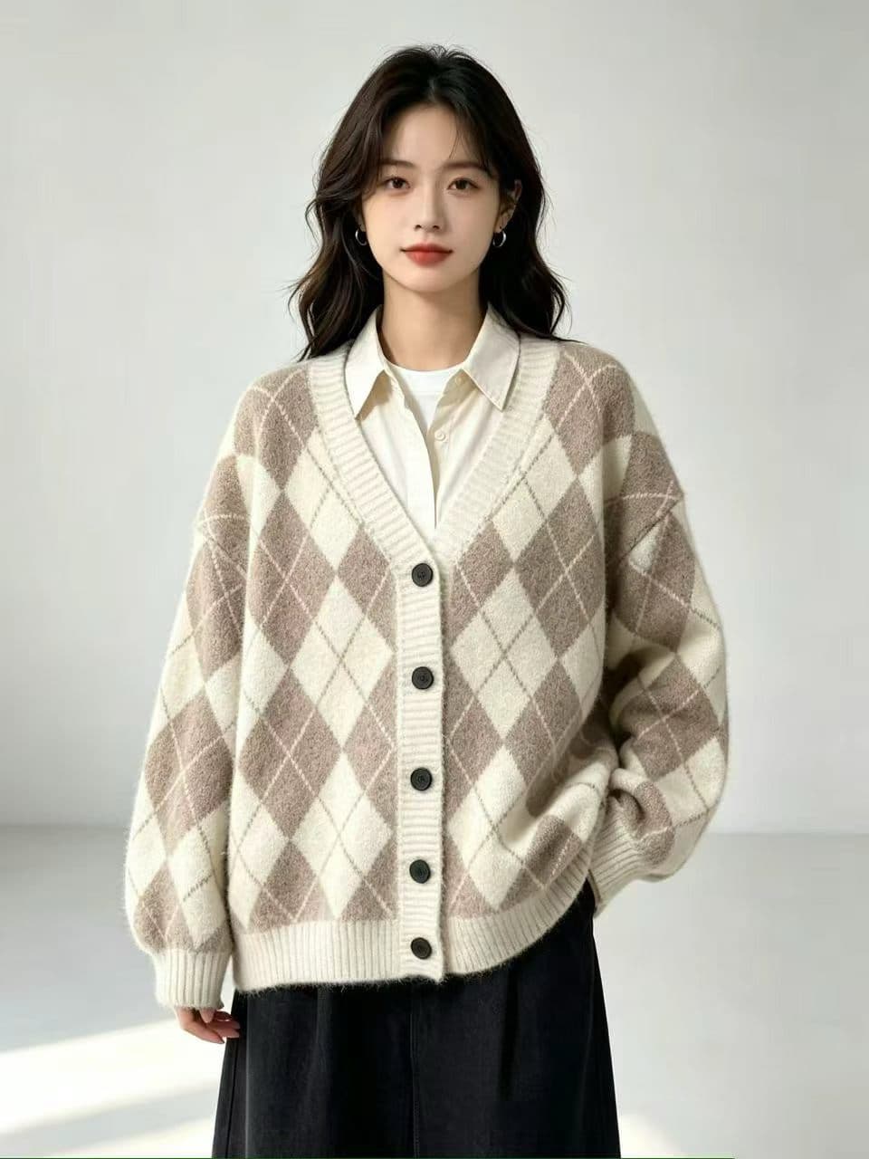 프랑스식 레트로 링 그리드 스웨터 여성 코트 가을 겨울 와이드 부드러운 찹쌀 chic 바람 니트 오픈 가디건 상세 이미지 2
