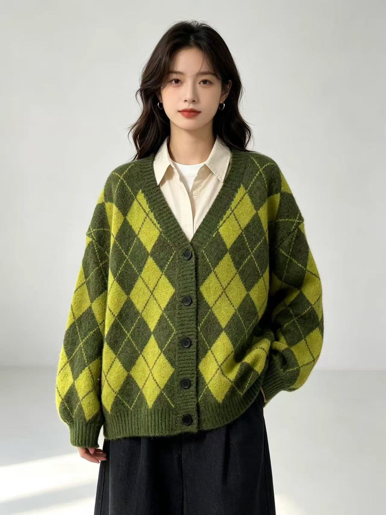 프랑스식 레트로 링 그리드 스웨터 여성 코트 가을 겨울 와이드 부드러운 찹쌀 chic 바람 니트 오픈 가디건 상세 이미지 4