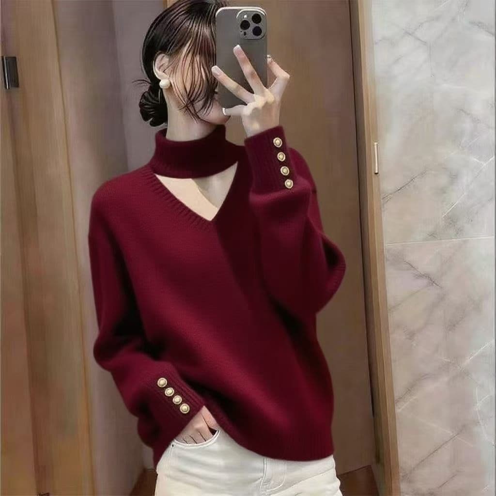 고급 센스 행침 목 와인 레드 V넥 긍정적 인 어깨 스웨터 여자 2026 가을 새로운 빅 사이즈 지방 mm 기본 셔츠 맨위 상세 이미지 1