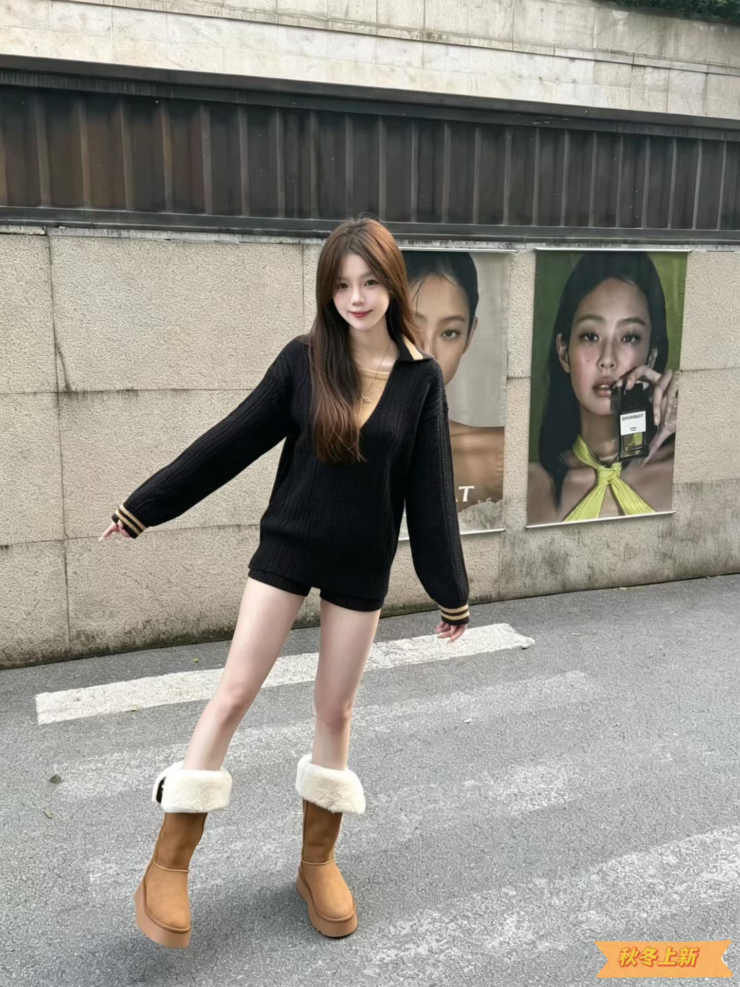 한 부서 서리가 내린 자이언트 잘 생긴 고유 한 아름다운 겨울 의류 전체 집합 페이크 레이어드 스웨터 니트 반바지 투피스 슈트 여성 상세 이미지 4