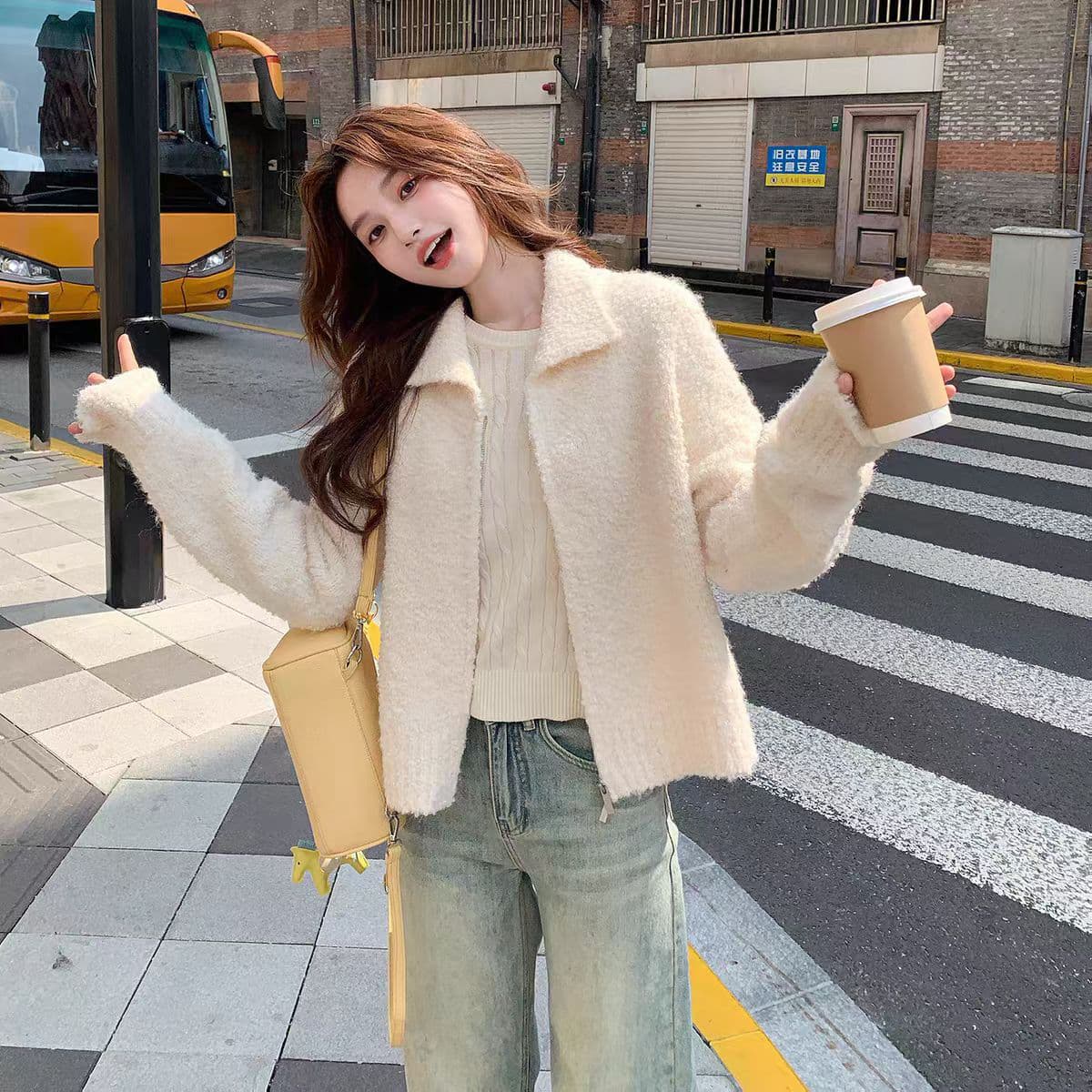 한국 스타일 서클 털 폴로 칼라 더블 지퍼 니트 오픈 가디건 여성 가을 겨울 새로운 두꺼운 쇼트 스타일 루즈핏 스웨터 코트 트렌디 이미지 2