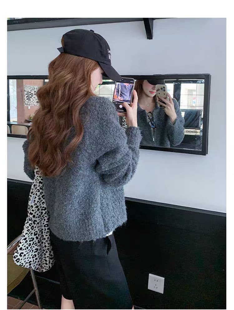 한국 스타일 서클 털 폴로 칼라 더블 지퍼 니트 오픈 가디건 여성 가을 겨울 새로운 두꺼운 쇼트 스타일 루즈핏 스웨터 코트 트렌디 상세 이미지 5