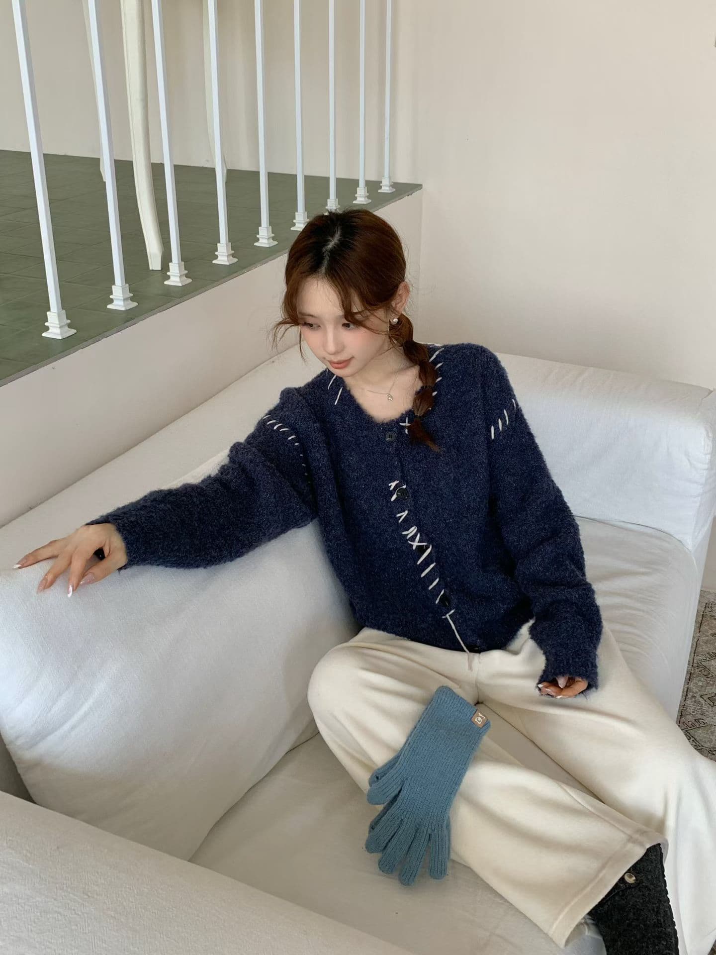한국 동대문 구매 명시적 스티치 장식 캐주얼 마 오래된 혼합 색상 니트 스웨터 카디건 코트 상세 이미지 2