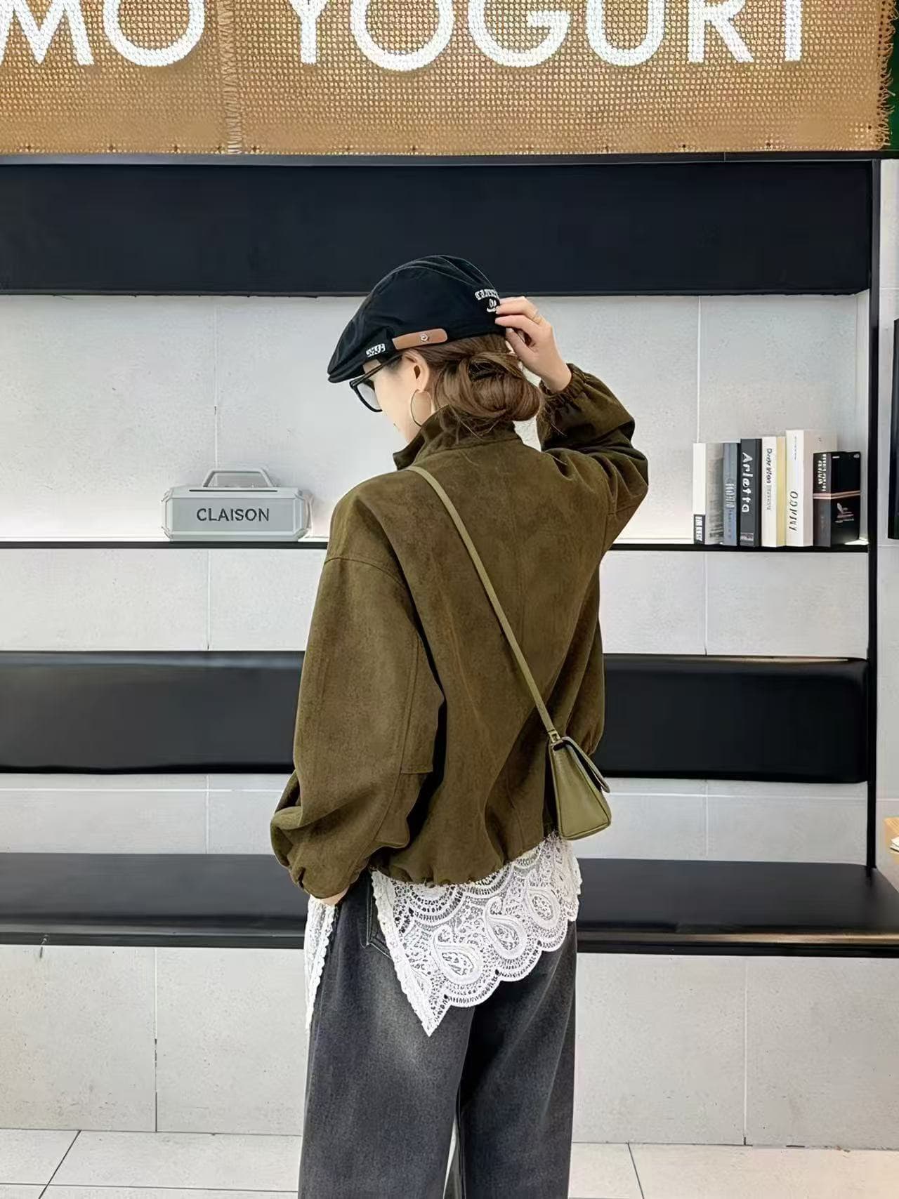 한 부서 미니멀리즘 다용도 루즈핏 슬림해 보이는 스탠드 칼라 지퍼 가죽 여성 코트 상세 이미지 6