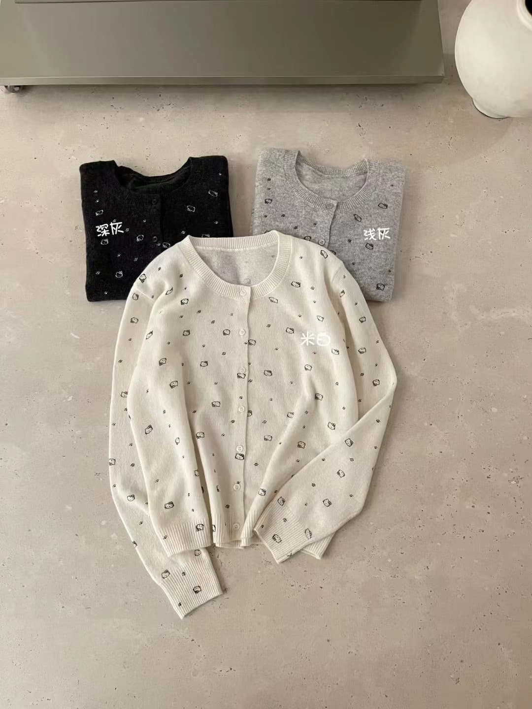 이른 가을 한 부서 부드러운 새끼 고양이 프린트 니트 오픈 가디건 가을 의상 스웨터 상세 이미지 1
