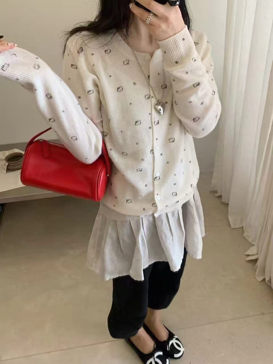 이른 가을 한 부서 부드러운 새끼 고양이 프린트 니트 오픈 가디건 가을 의상 스웨터 상세 이미지 4