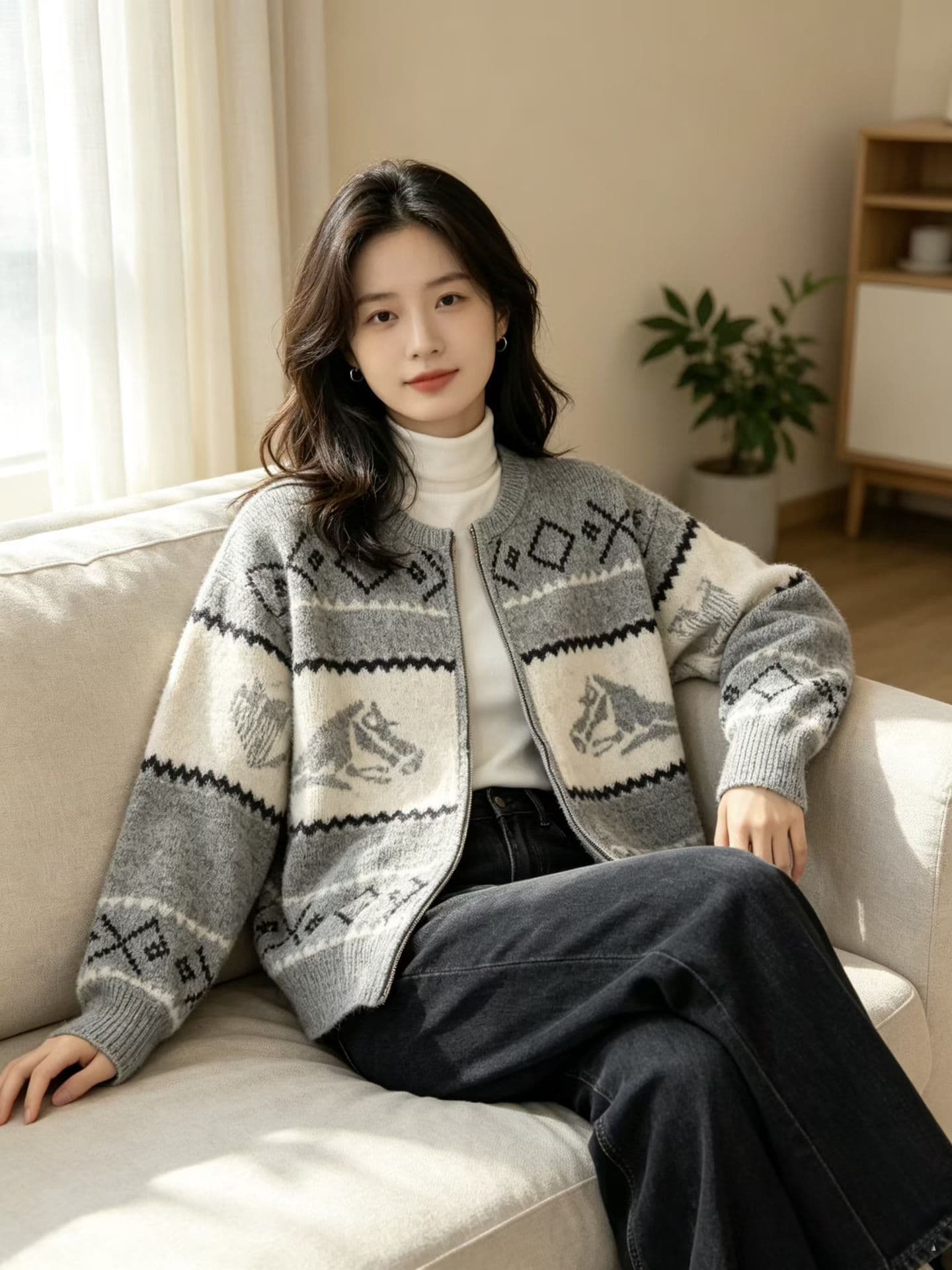 공정한 섬 바람 자카드 산양 캐시미어 오픈 가디건 여성 라운드 넥 양모 니트 재킷 느긋한 바람 스웨터
