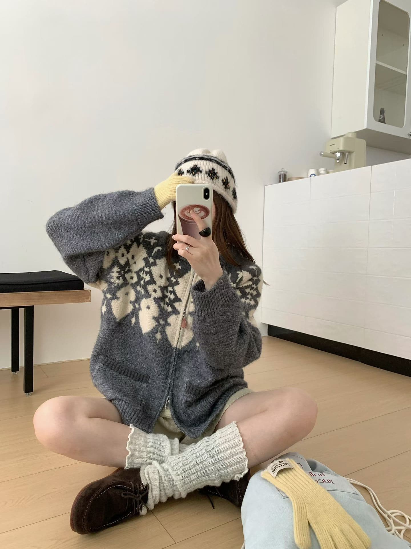 높은 품질 부모와 자식 섹션 공정한 섬 양모 자카드 니트 오픈 가디건 와이드 부드러운 찹쌀 연령 감소 긴팔 스웨터 코트 상세 이미지 1