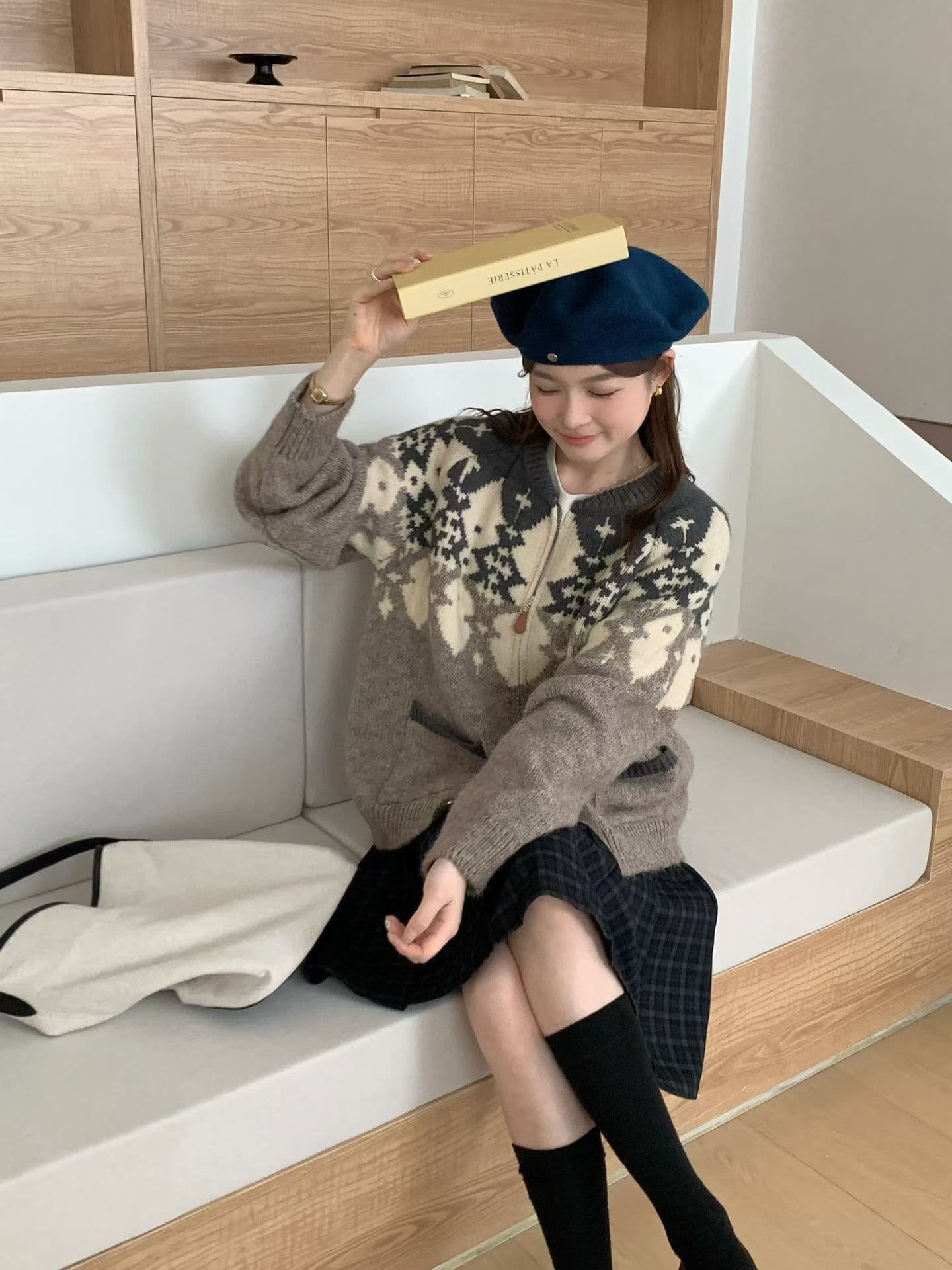높은 품질 부모와 자식 섹션 공정한 섬 양모 자카드 니트 오픈 가디건 와이드 부드러운 찹쌀 연령 감소 긴팔 스웨터 코트 상세 이미지 5