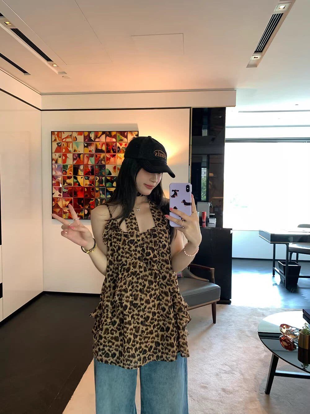달콤한 차가운 핫걸 레오파드 무늬 리본 조끼 슬립 여성 의류 여름 디자인 센스 레트로 프릴 루즈핏 민소매 맨위 상세 이미지 2