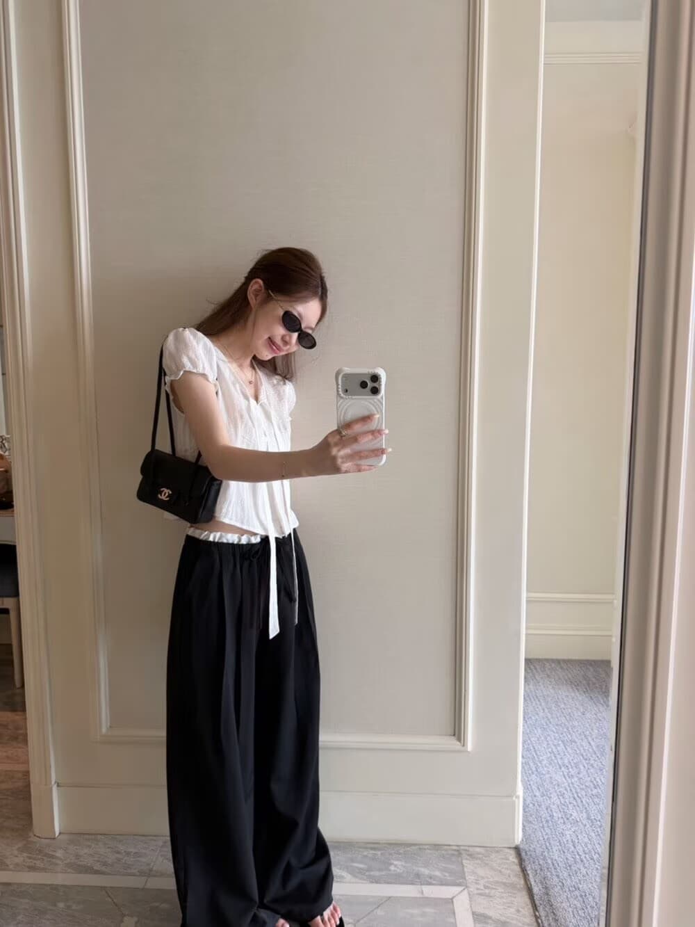 flyalice 한 세대 modimood 허리 패치워크 허리밴드 펌프 로프 캐주얼 와이드 레그 팬츠 여름 여성 이미지 3