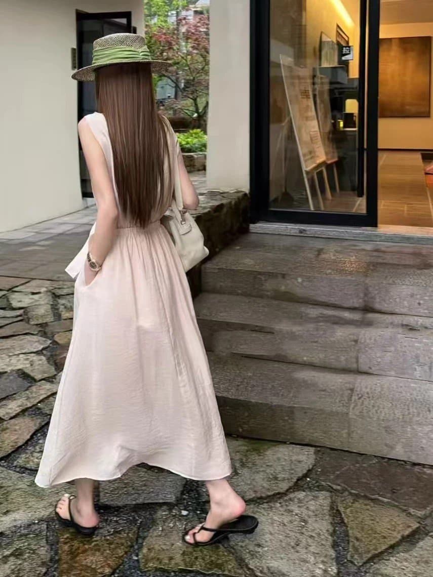 2026 여름 새로운 민소매 허리 디자인 센스 슬림해 보이는 아세트산 루즈핏 다용도 드레스 롱 스커트 A라인 스커트 트렌디 상세 이미지 4