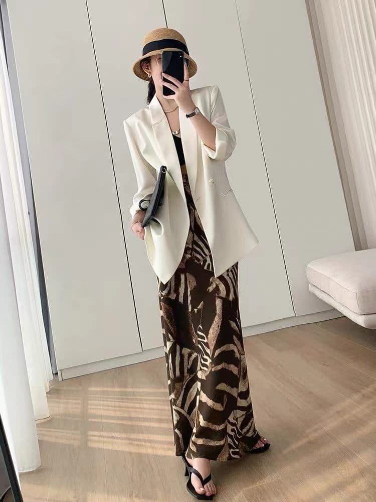 프랑스식 휴가 바람 디자인 얼룩말 곡물 기하학 프린트 하이웨이스트 슬림해 보이는 반신 스커트 여성 여름 상세 이미지 1