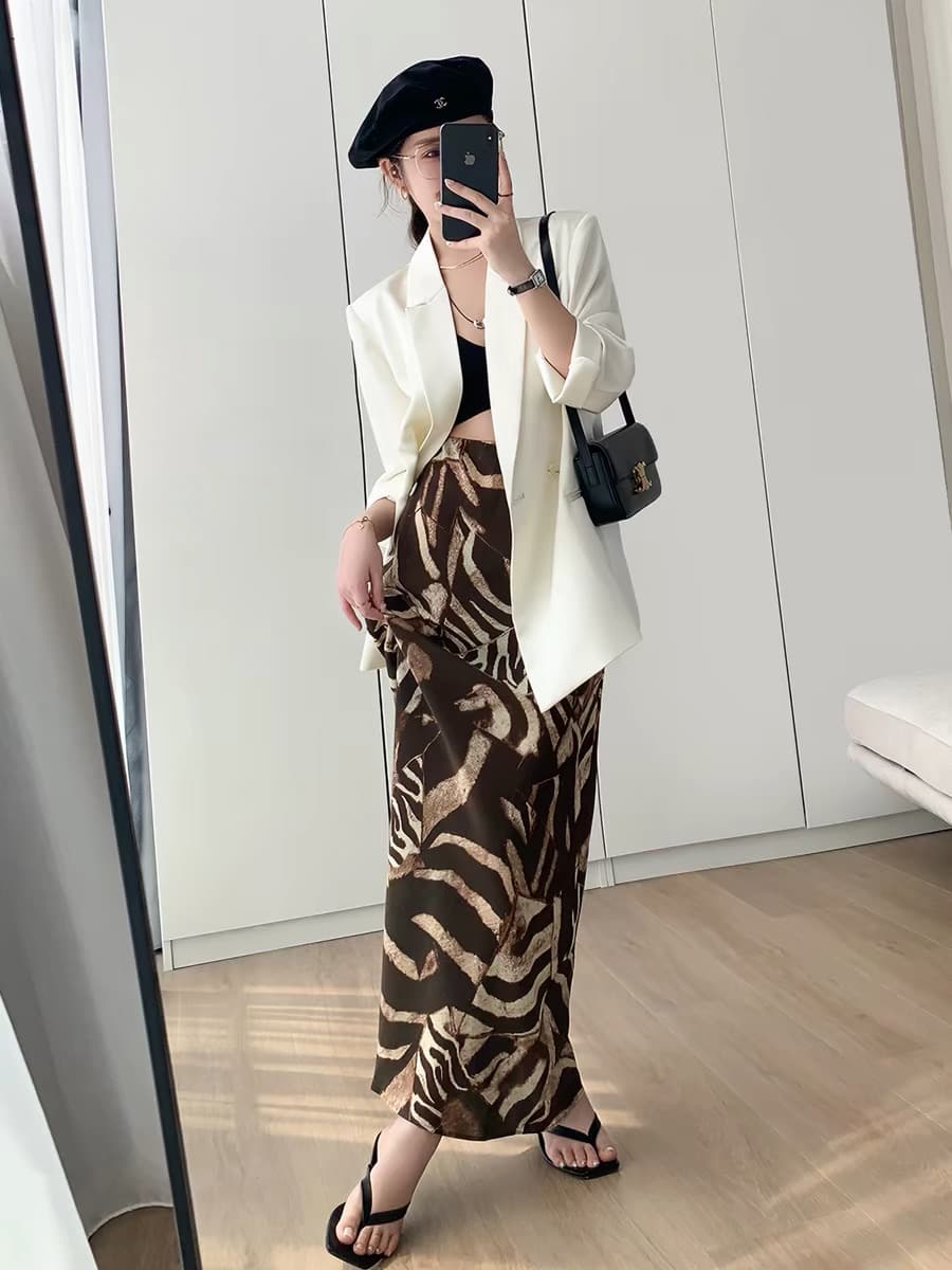 프랑스식 휴가 바람 디자인 얼룩말 곡물 기하학 프린트 하이웨이스트 슬림해 보이는 반신 스커트 여성 여름 상세 이미지 3